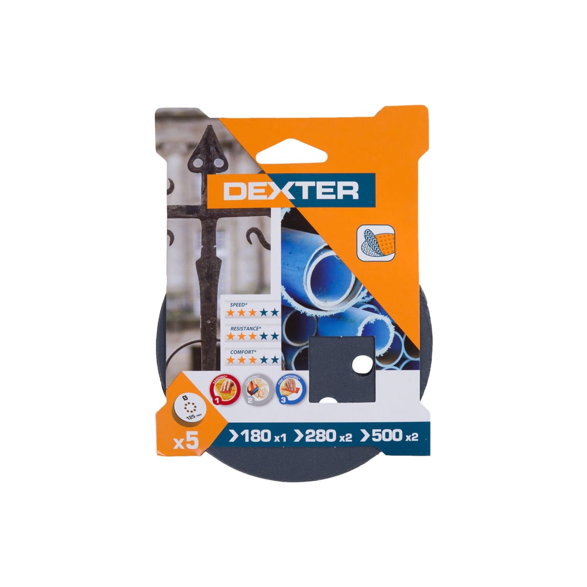 DEXTER RANDOM ORBITAL SANDER ABRASIVE FOR WOOD 125 MM PERFORATED GRIT 180,280,500,10 PIECES