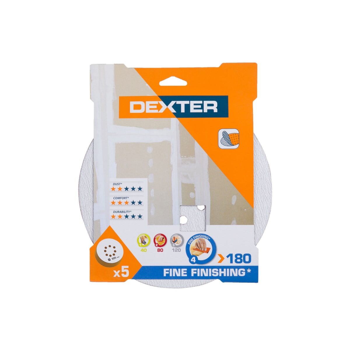 DEXTER RANDOM ORBITAL SANDER ABRASIVE FOR WALL 225 MM, DRILLED, GRIT 180, 5 PIECES