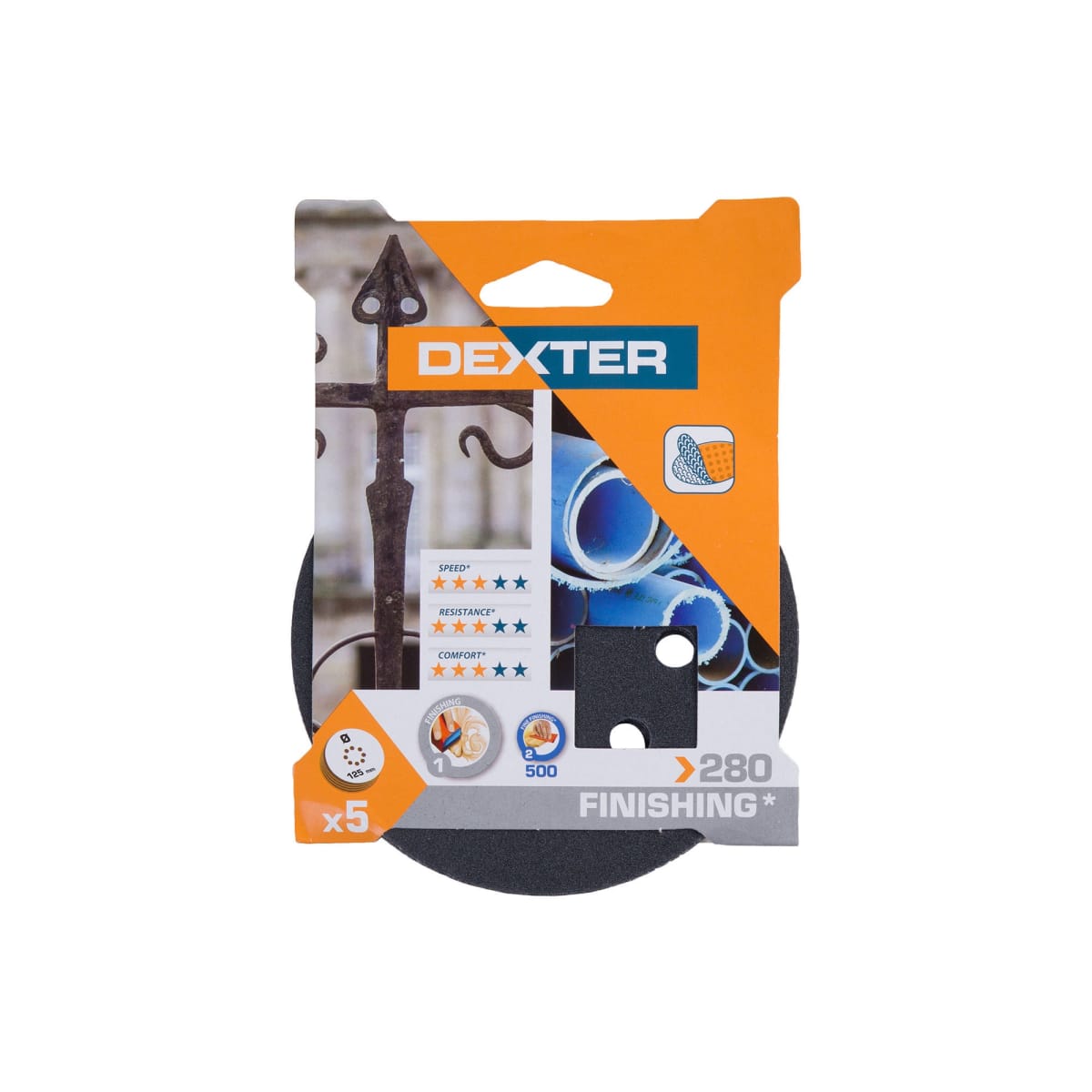 DEXTER ROTO-ORBITAL WOOD SANDER 125MM PERFORATED GRIT 280 ABRASIVE, 5 PIECES