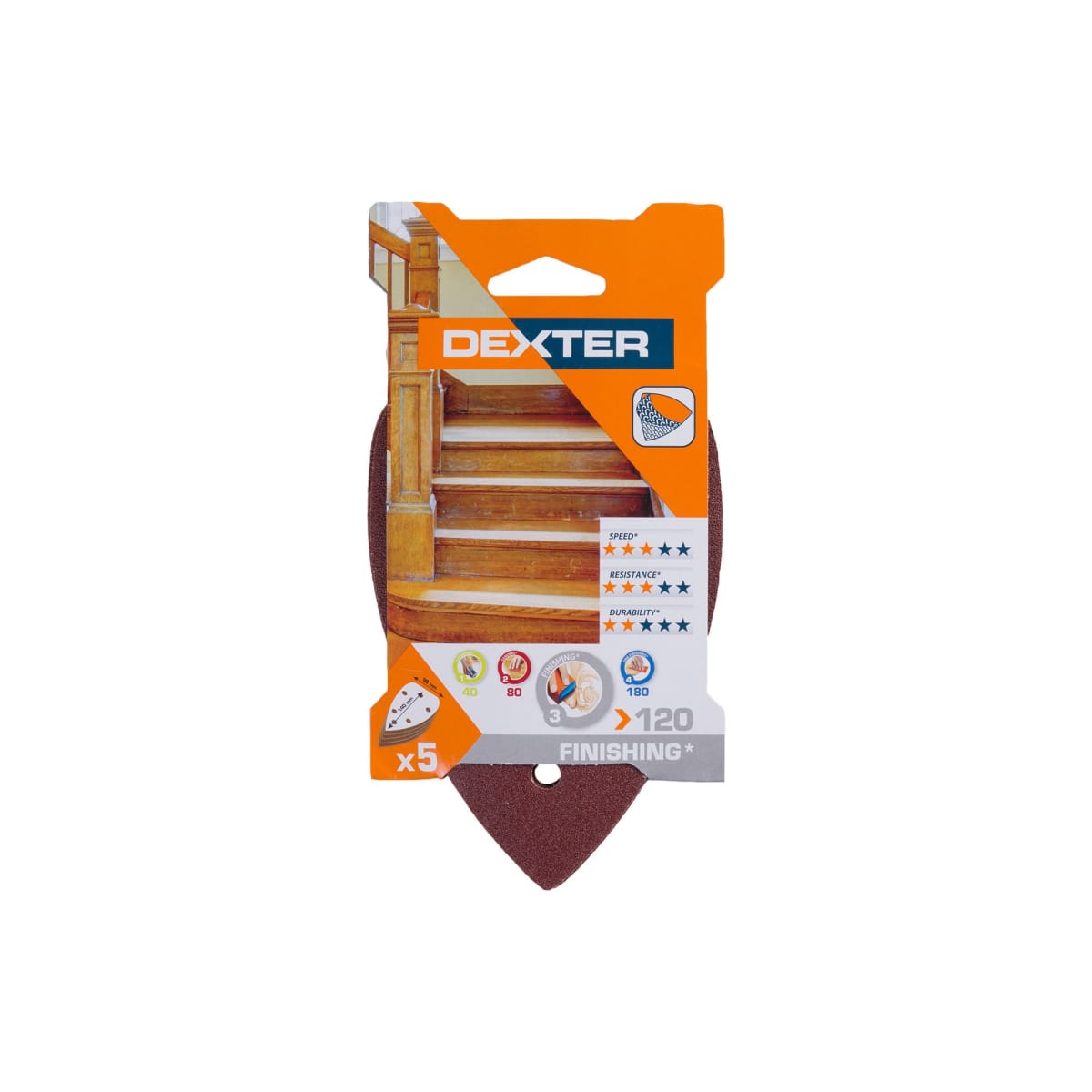 DEXTER MOUSE SANDER ABRASIVE FOR WOOD 140X98MM, DRILLED, GRIT 120, 5 PIECES