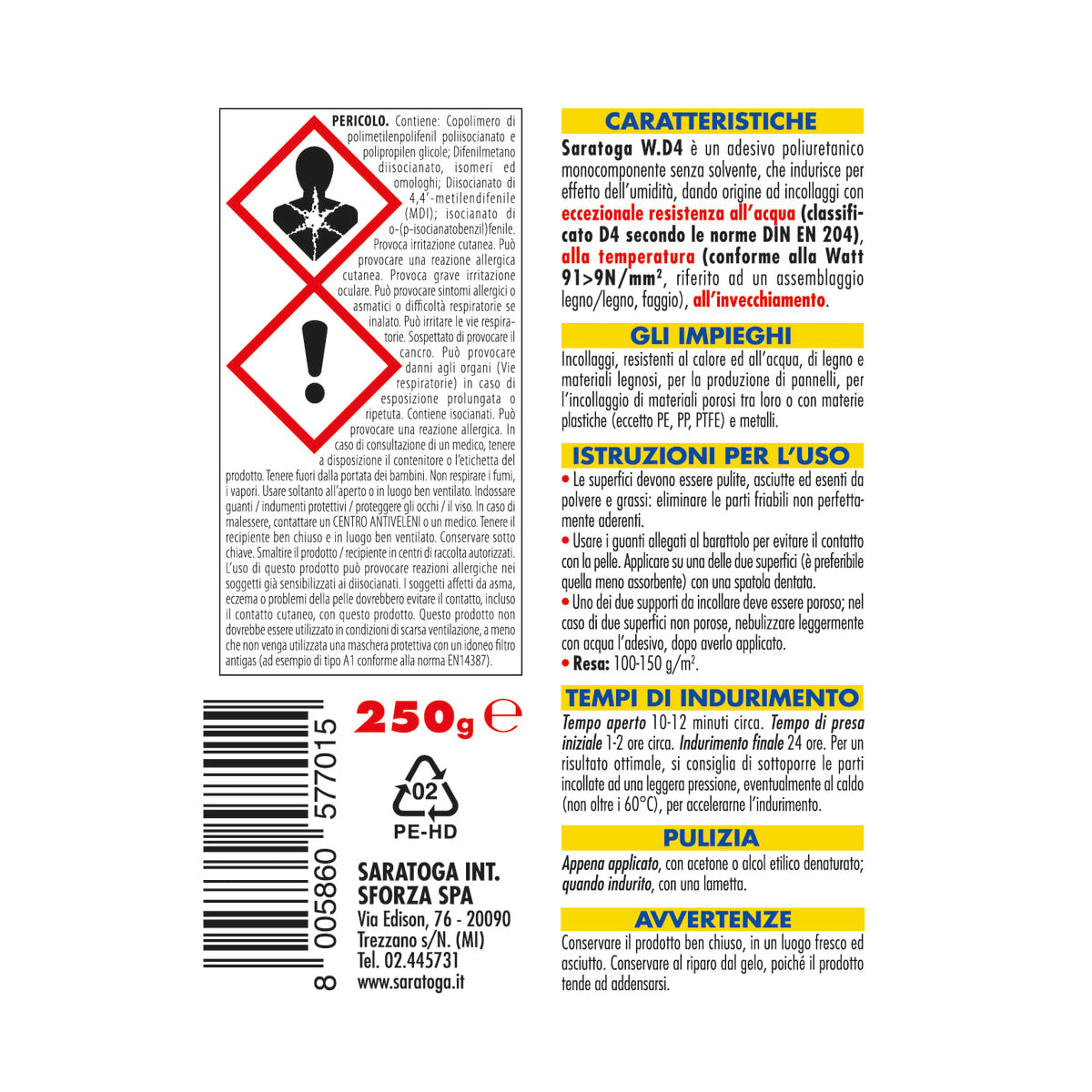 D4 WATER RESISTANT WOOD GLUE ALSO OUTDOOR SARATOGA 250GR