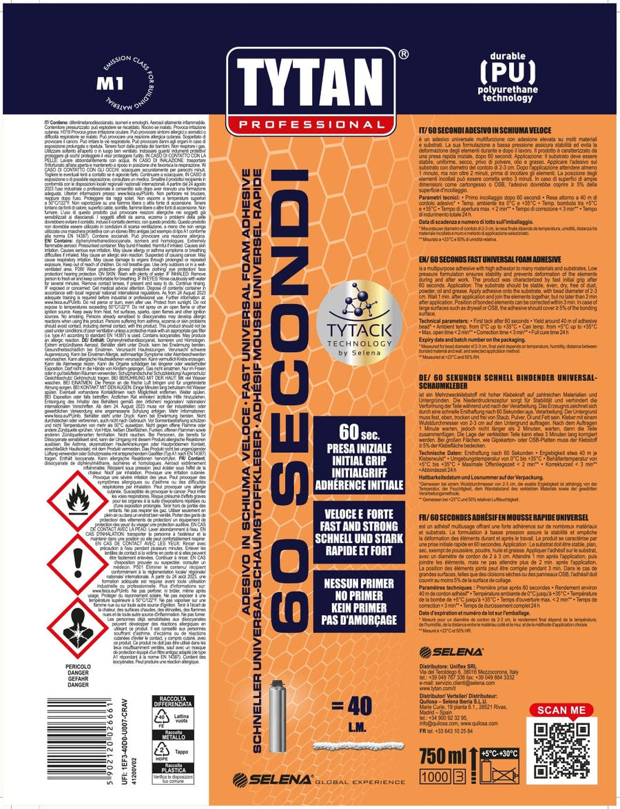 Bricocenter 60' TYTAN GUN 60' RAPID MULTI-SUPPORT ADHESIVE POLYURETHANE FOAM 750ML