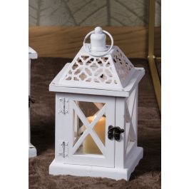 WHITE WOOD AND IRON LANTERN L15 X W15 X H27 CM