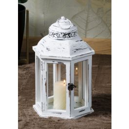 WHITE WOOD AND IRON LANTERN L18 X W18 X H43 CM