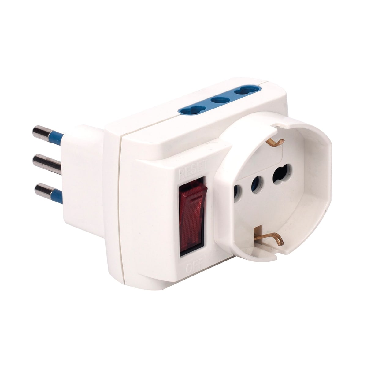 ADAPTER W/SWITCH. PLUG 10A +2 SOCKETS.10/16A+UNIV.WHITE