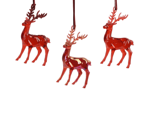 Iridescent red hanging deer with glitter, 8 x 4 x 14 cm (L x W x H), made of polystyrene