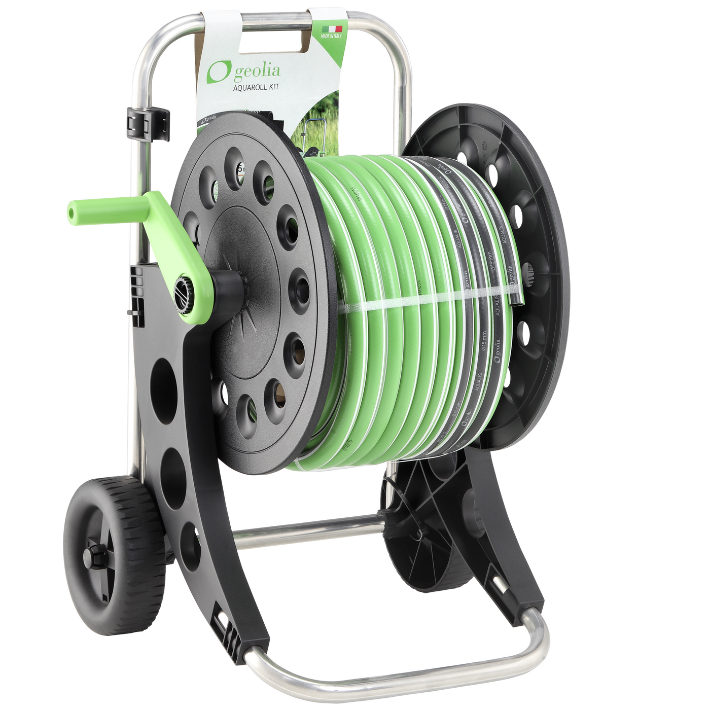 Hose reel trolley complete with a 25-metre 15mm Aqualis hose, a spray gun and Geolia fittings