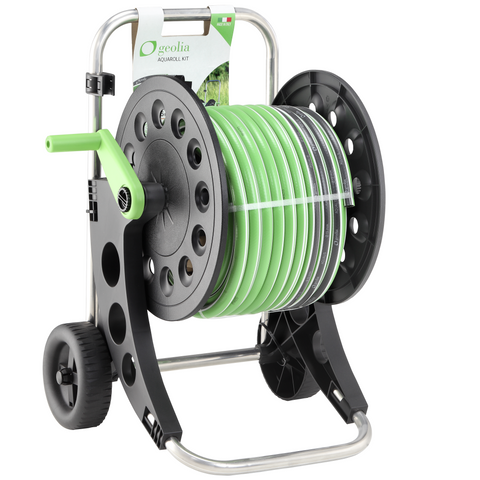 Hose reel trolley complete with a 25-metre 15mm Aqualis hose, a spray gun and Geolia fittings