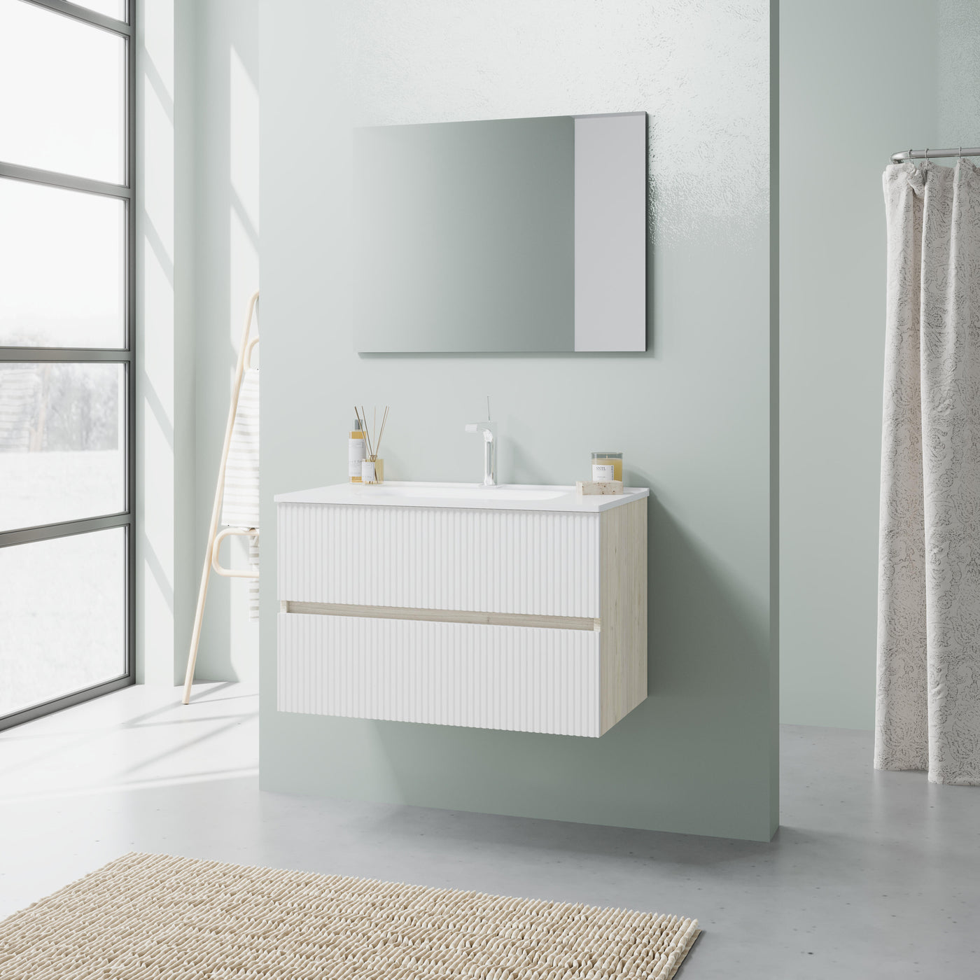 Santorini wall-hung bathroom unit, gloss white/oak