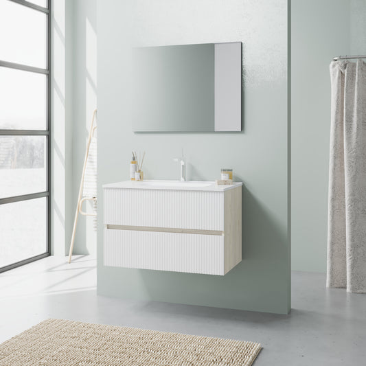 Santorini wall-hung bathroom unit, gloss white/oak
