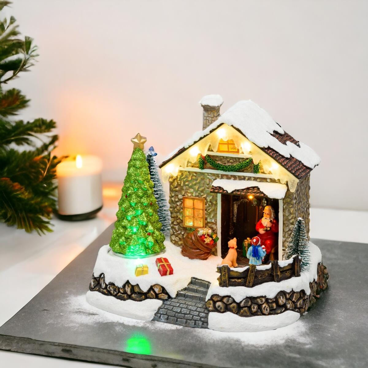 Villaggio natalizio 20x15xh17cm casa di babbo natale con albero in movimento, led multicol
