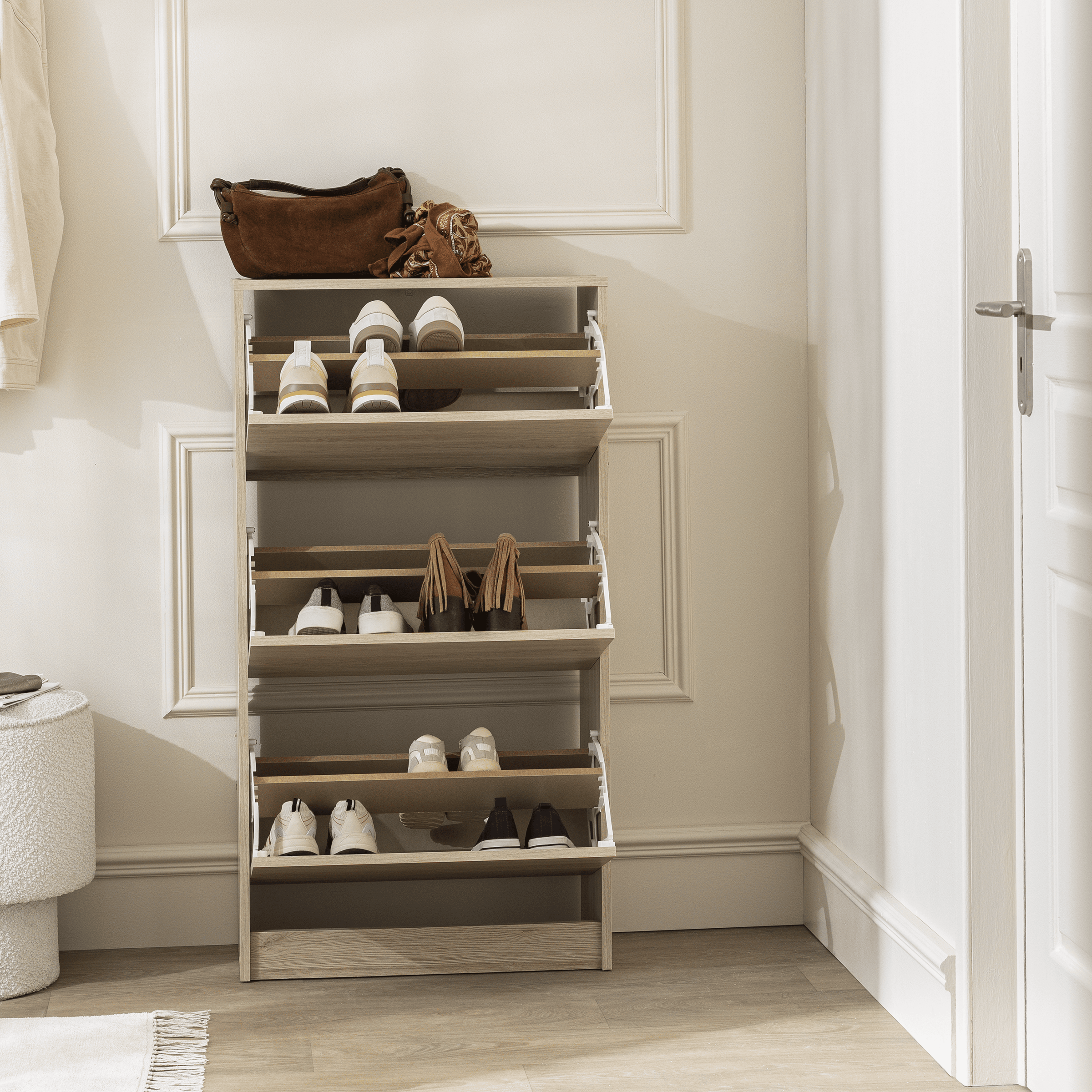 3-door elm shoe cabinet, 60 x 24.9 x 112.5 (h) cm, holds 15 pairs