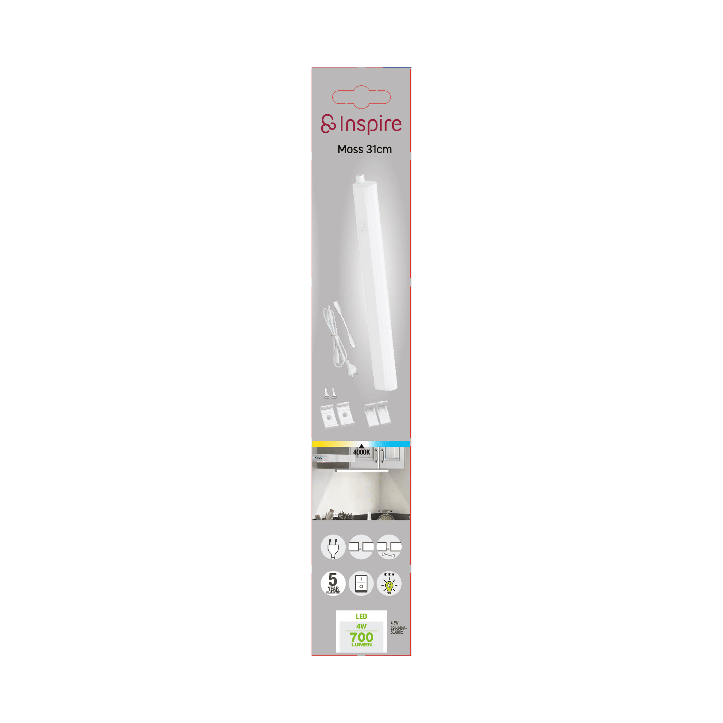 Moss under-cabinet light strip, white plastic, 31 cm, LED 4.5W, natural light