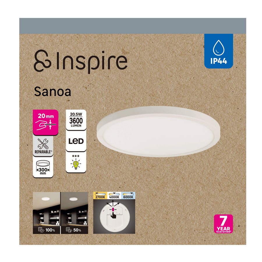 Sanoa white aluminium ceiling light, 30 x 2 cm, 28 W LED, dimmable colour temperature, IP44
