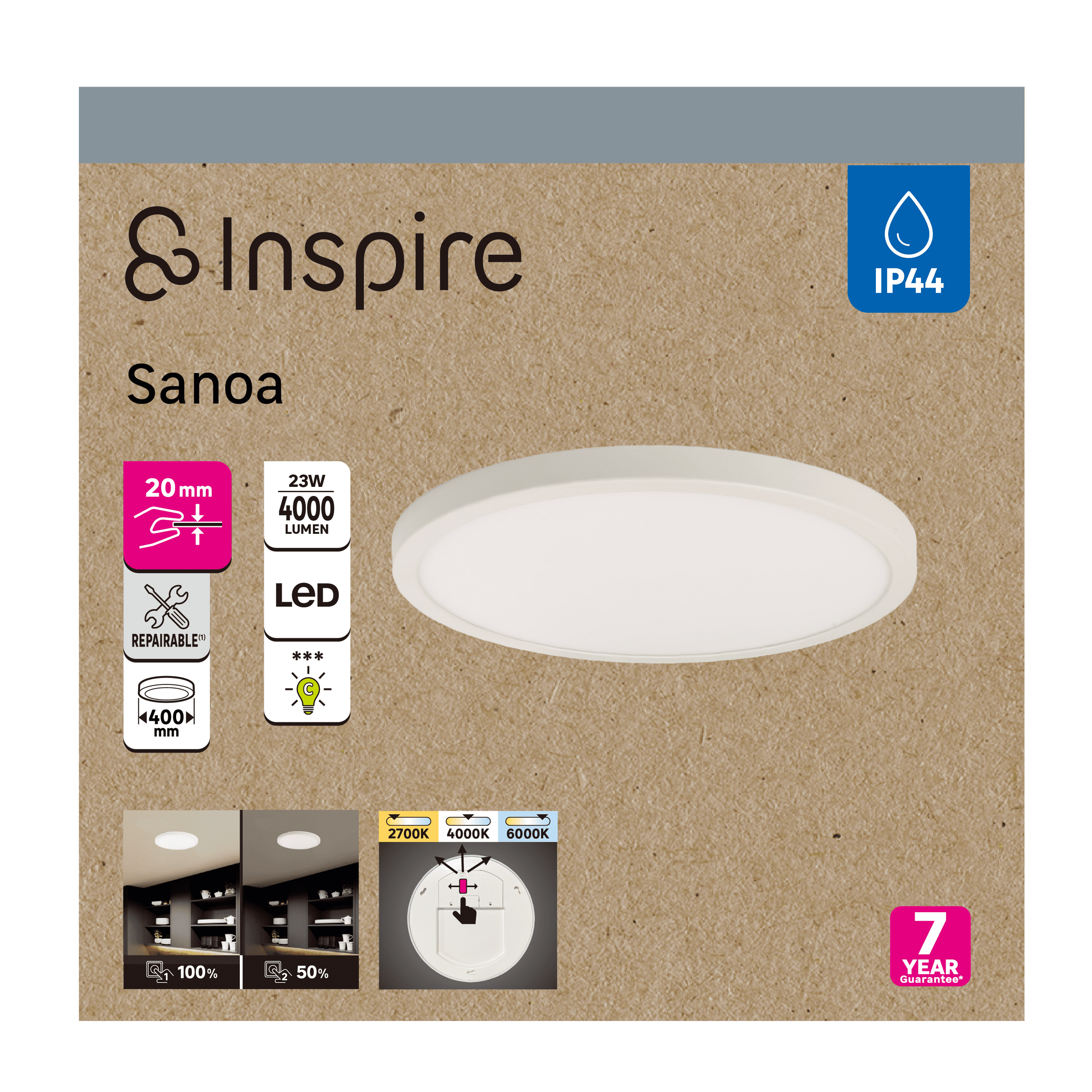 Sanoa white aluminium ceiling light, 40 x 2 cm, 28 W LED, dimmable colour temperature, IP44