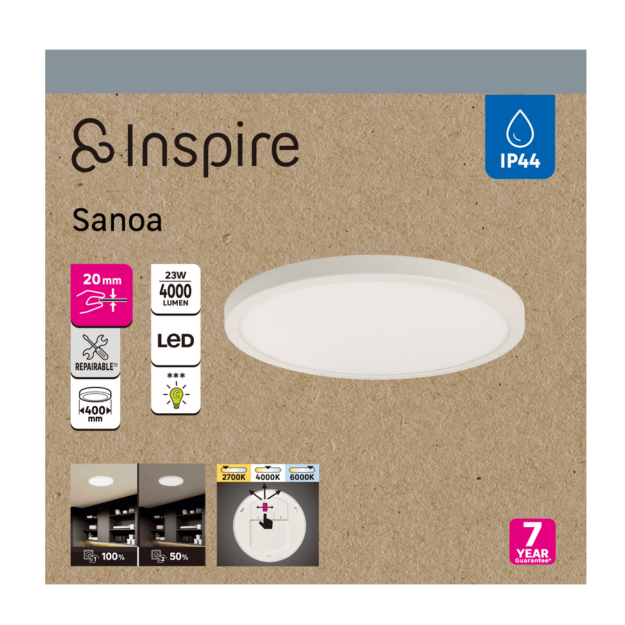 Sanoa white aluminium ceiling light, 40 x 2 cm, 28 W LED, dimmable colour temperature, IP44