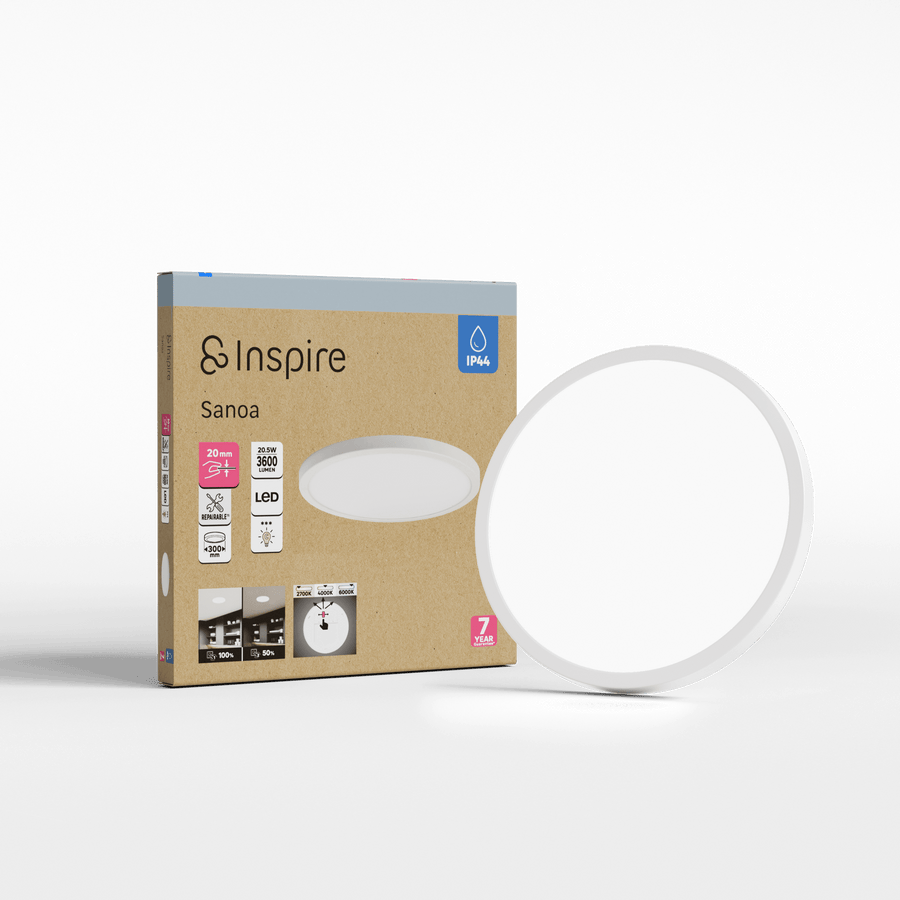 Sanoa white aluminium ceiling light, 30 x 2 cm, 28 W LED, dimmable colour temperature, IP44