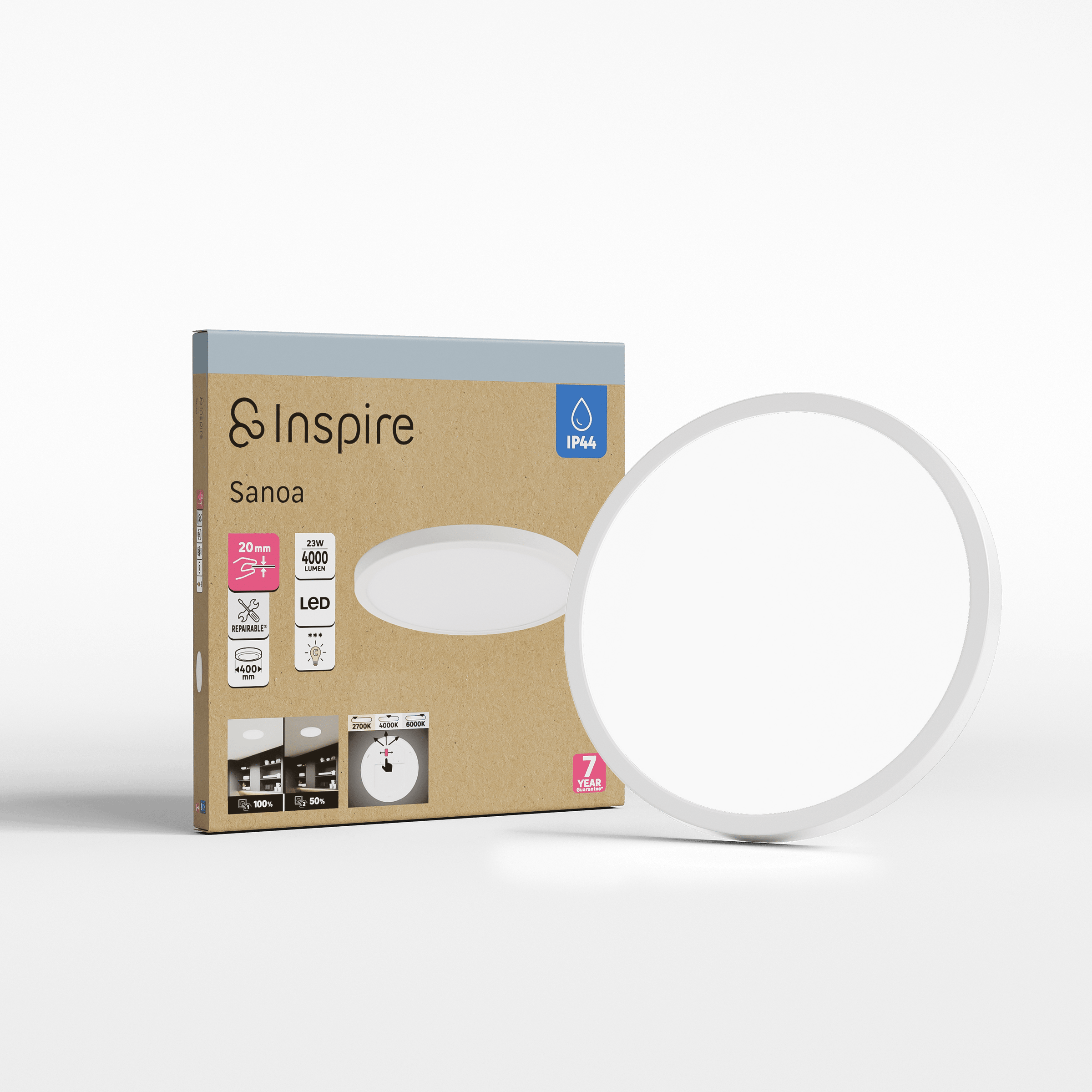 Sanoa white aluminium ceiling light, 40 x 2 cm, 28 W LED, dimmable colour temperature, IP44