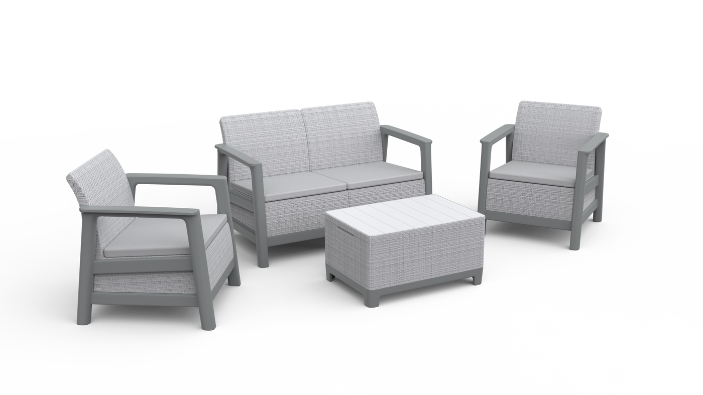 Scandi 4-seater coffee set, complete with cushions, 2 armchairs, sofa and storage table