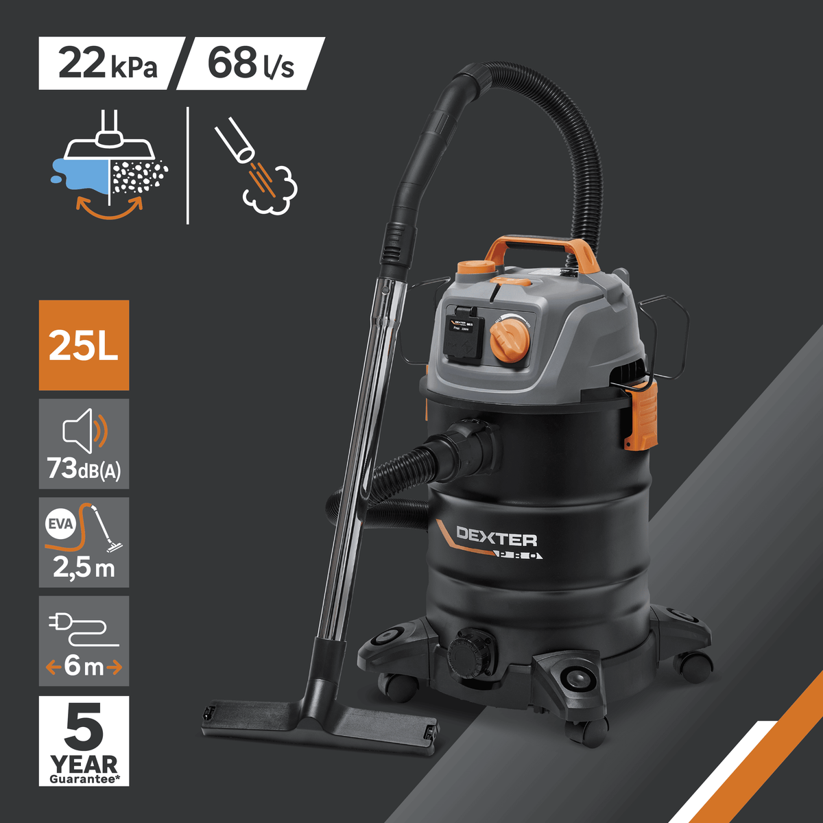 Dexter Pro 25-litre 1,400-watt all-purpose vacuum cleaner with steel tank