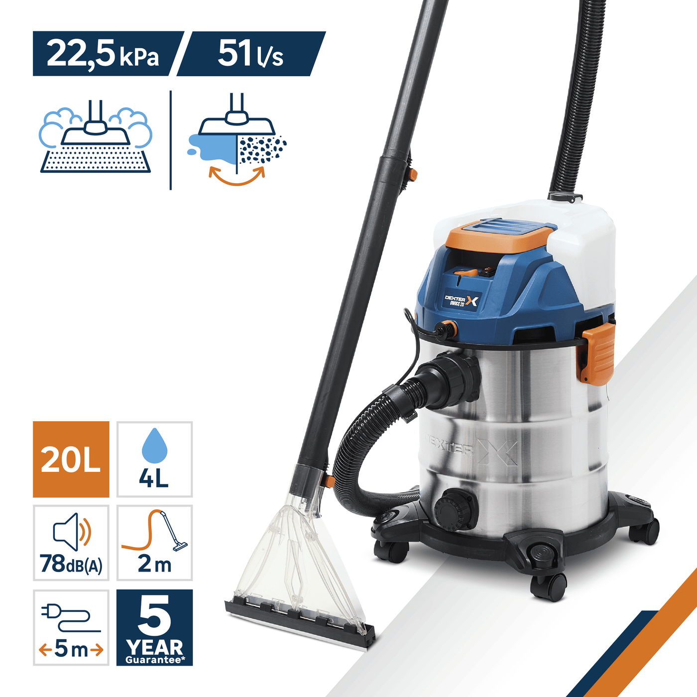 Dexter 3-in-1 20-litre 1600W all-purpose vacuum cleaner with stainless steel tank