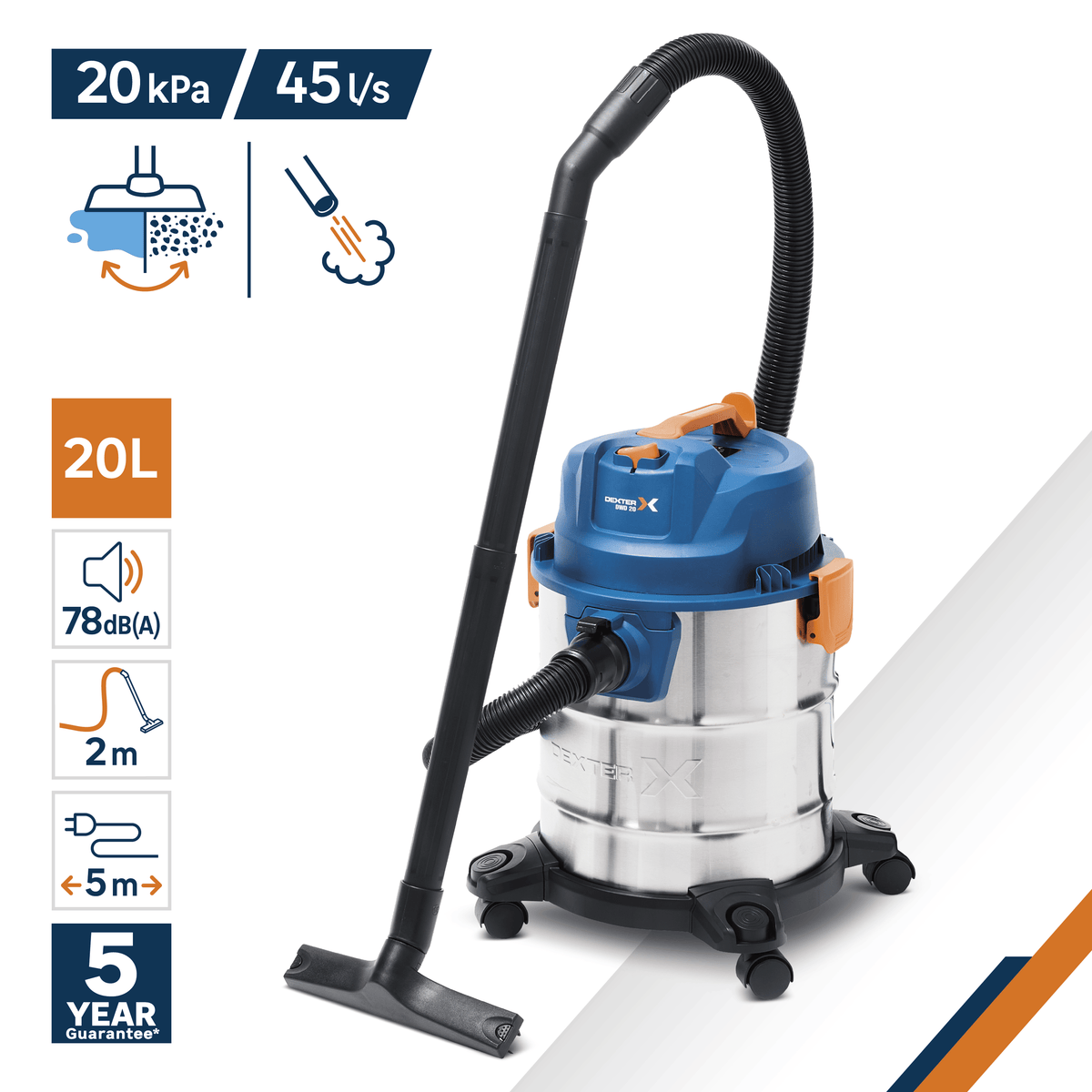 Dexter 20-litre all-purpose vacuum cleaner, 1330W, with stainless steel tank