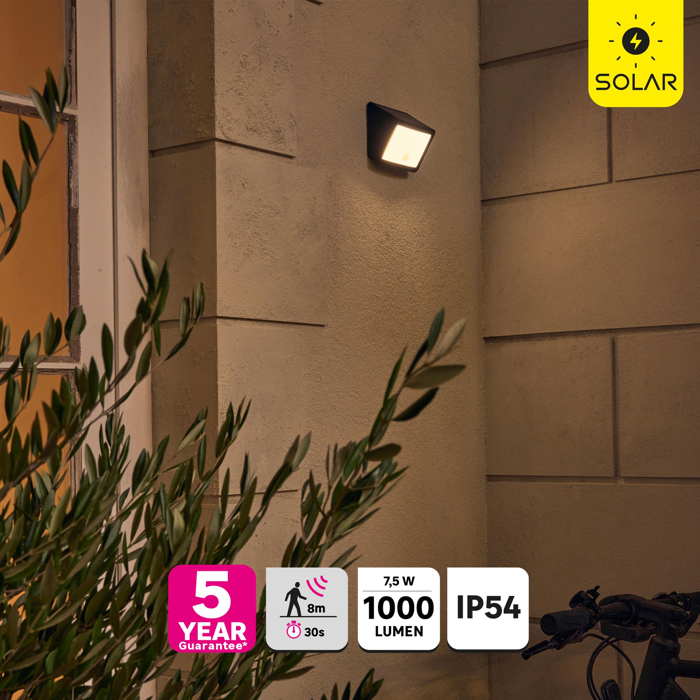 Fano solar wall light, black plastic, LED 500lm CCT, with motion sensor, IP54