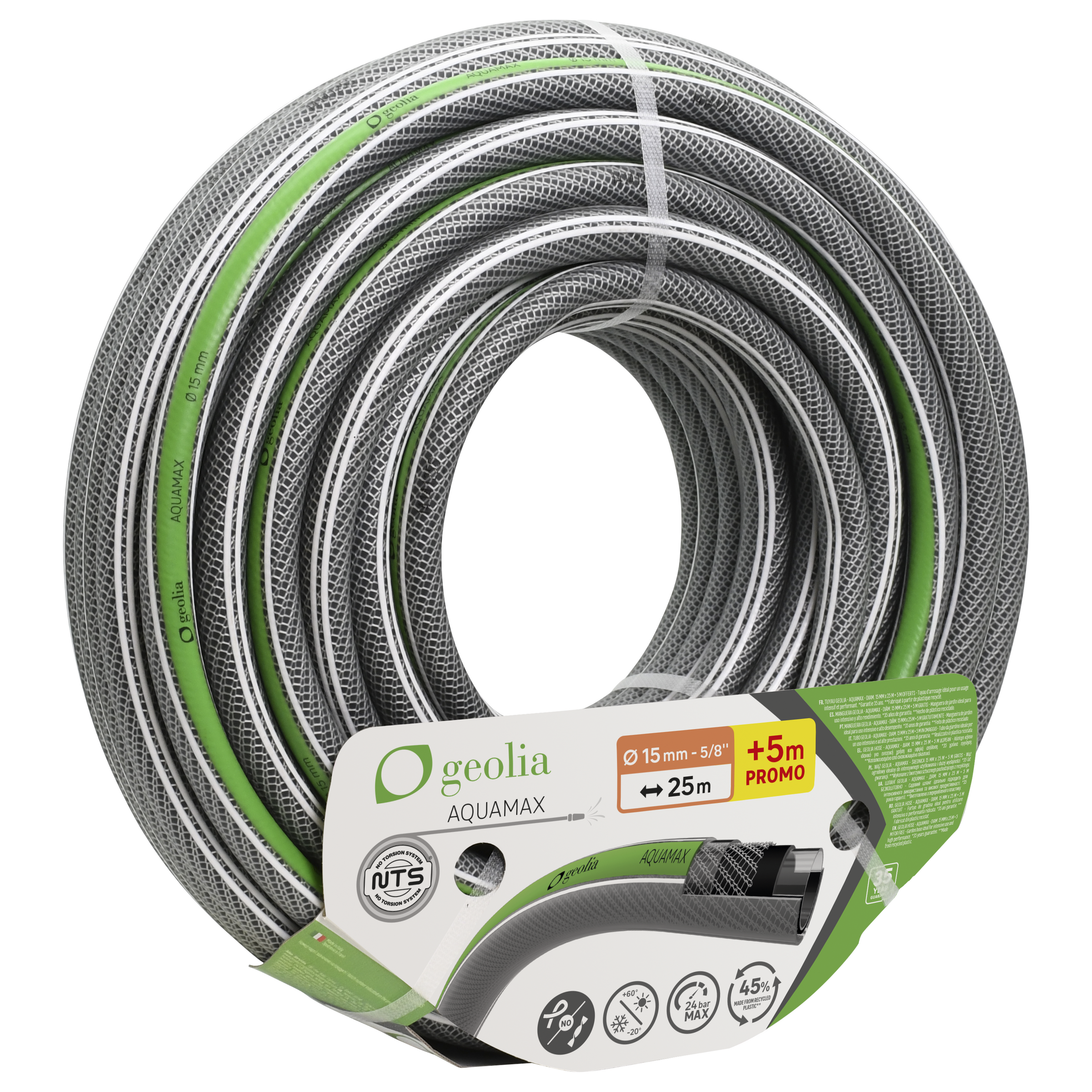 Tubo irrigazione aquamax diam. 15mm 25mt+ 5mt omaggio geolia