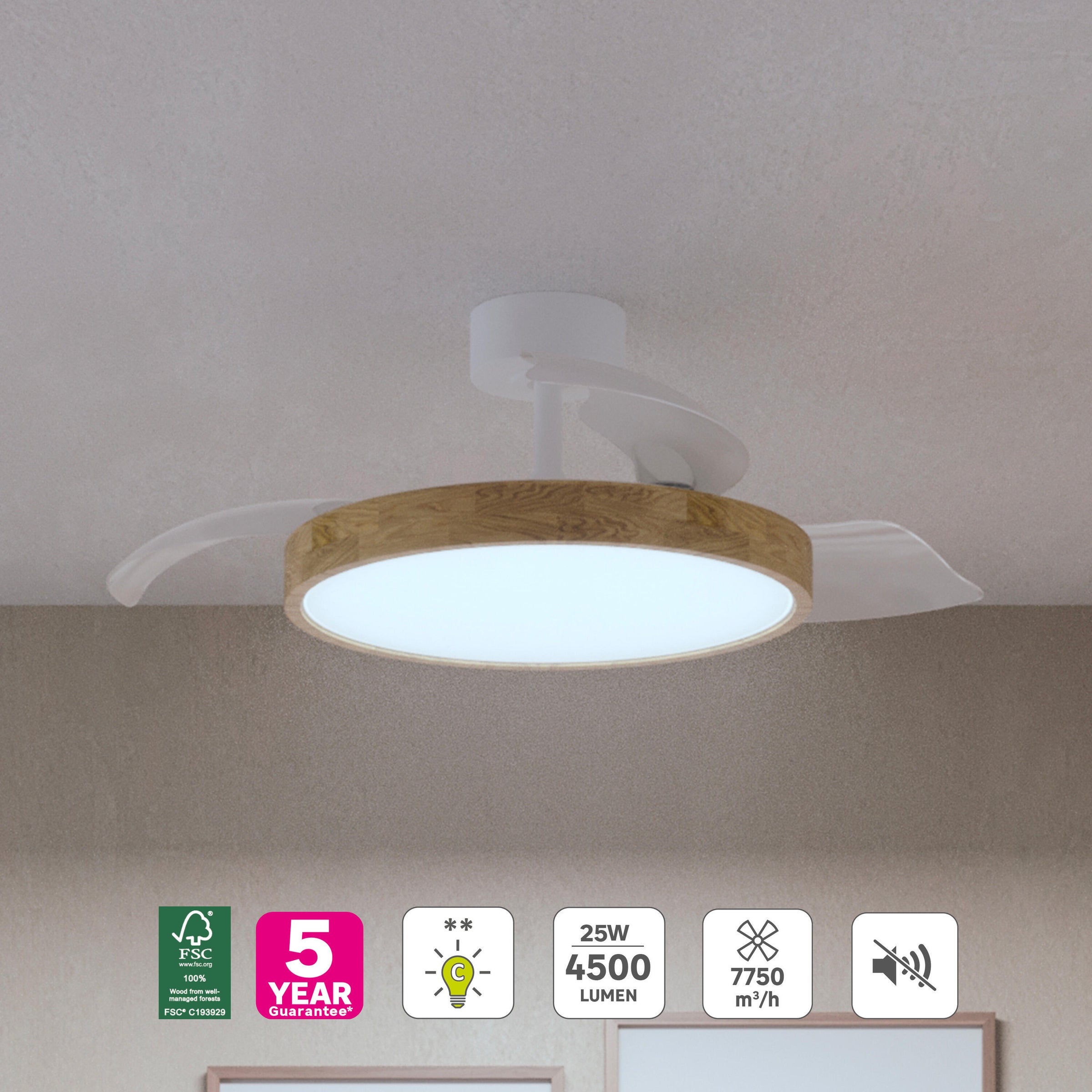 Plafoniera con ventilatore valam plastica bianco e legno naturale d 107cm led 4500lm cctdi