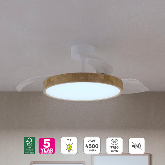Plafoniera con ventilatore valam plastica bianco e legno naturale d 107cm led 4500lm cctdi