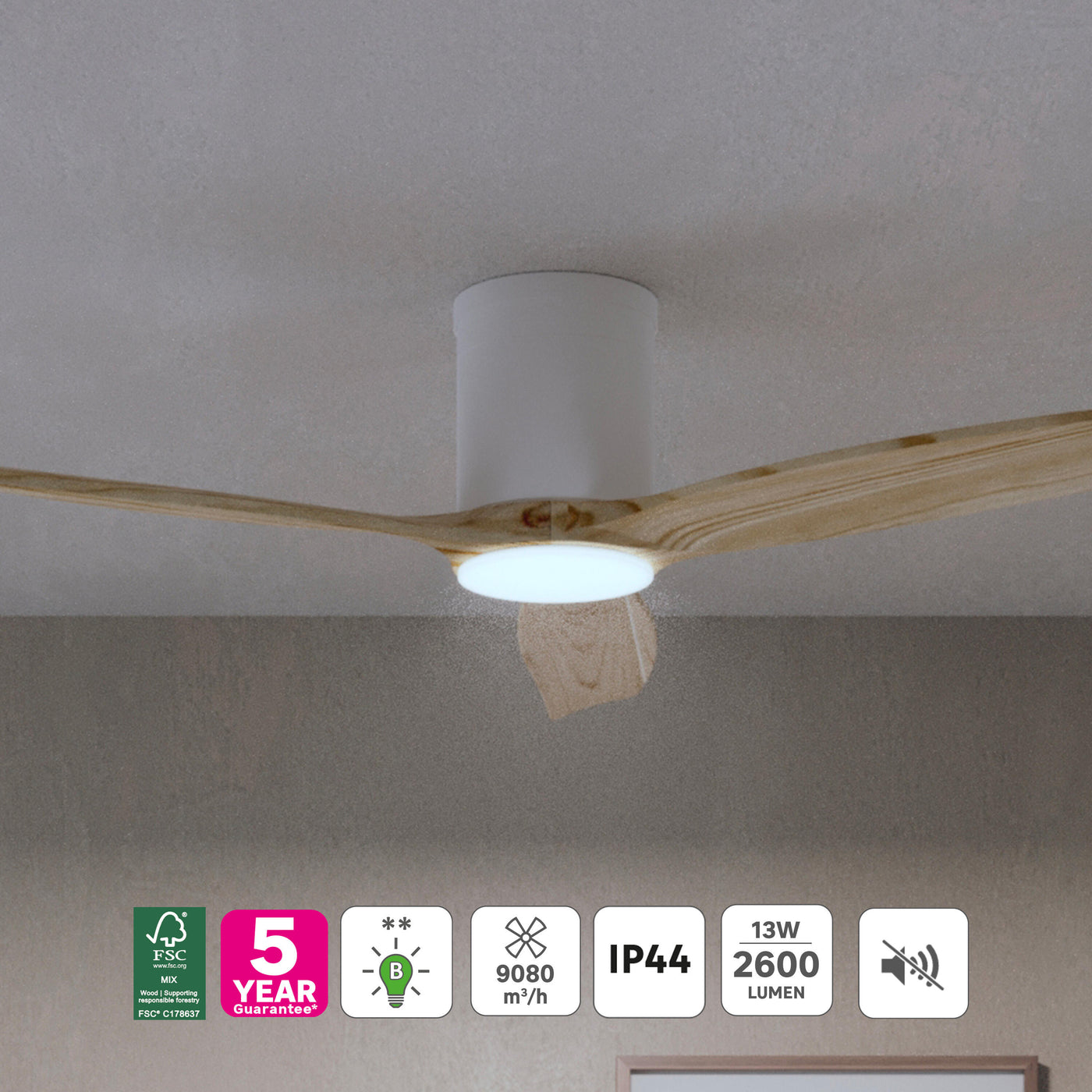 Ventilatore da soffitto gupini metallo legno chiaro d122 cm le 2700lm cct dimmeraile ip44
