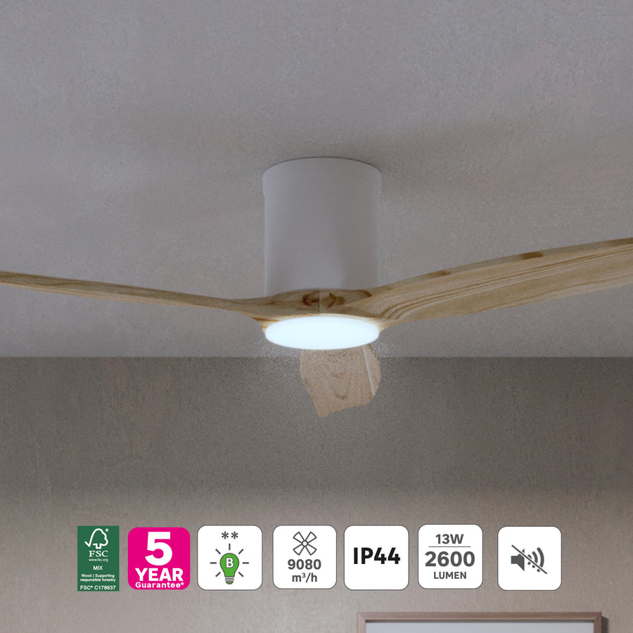 Ventilatore da soffitto gupini metallo legno chiaro d122 cm le 2700lm cct dimmeraile ip44