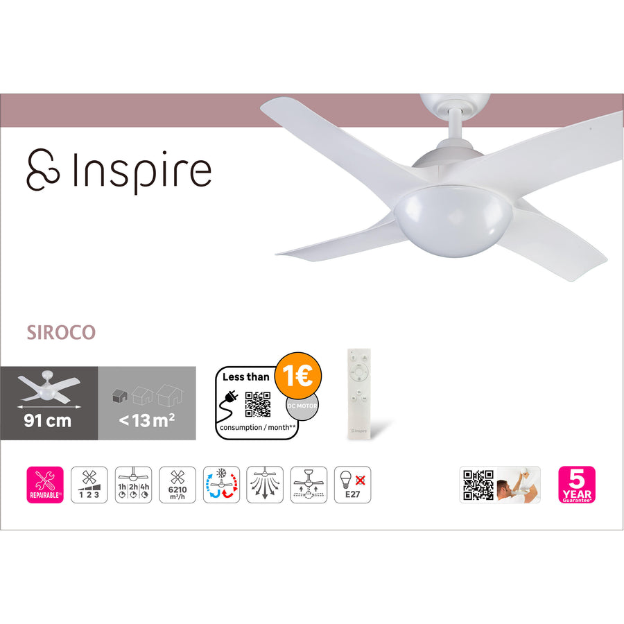 Ventilatore da soffito siroco plastica bianco d91 cm e27=15w 4 pale