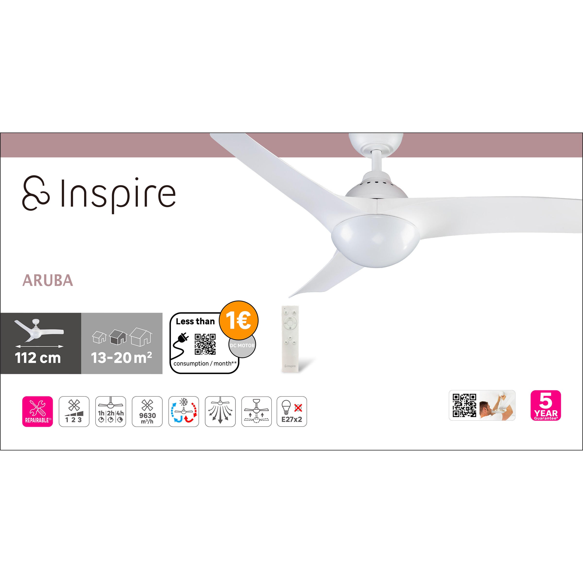 Ventilatore da soffitto aruba plastica bianco d112 2xe27=30w 3 pale