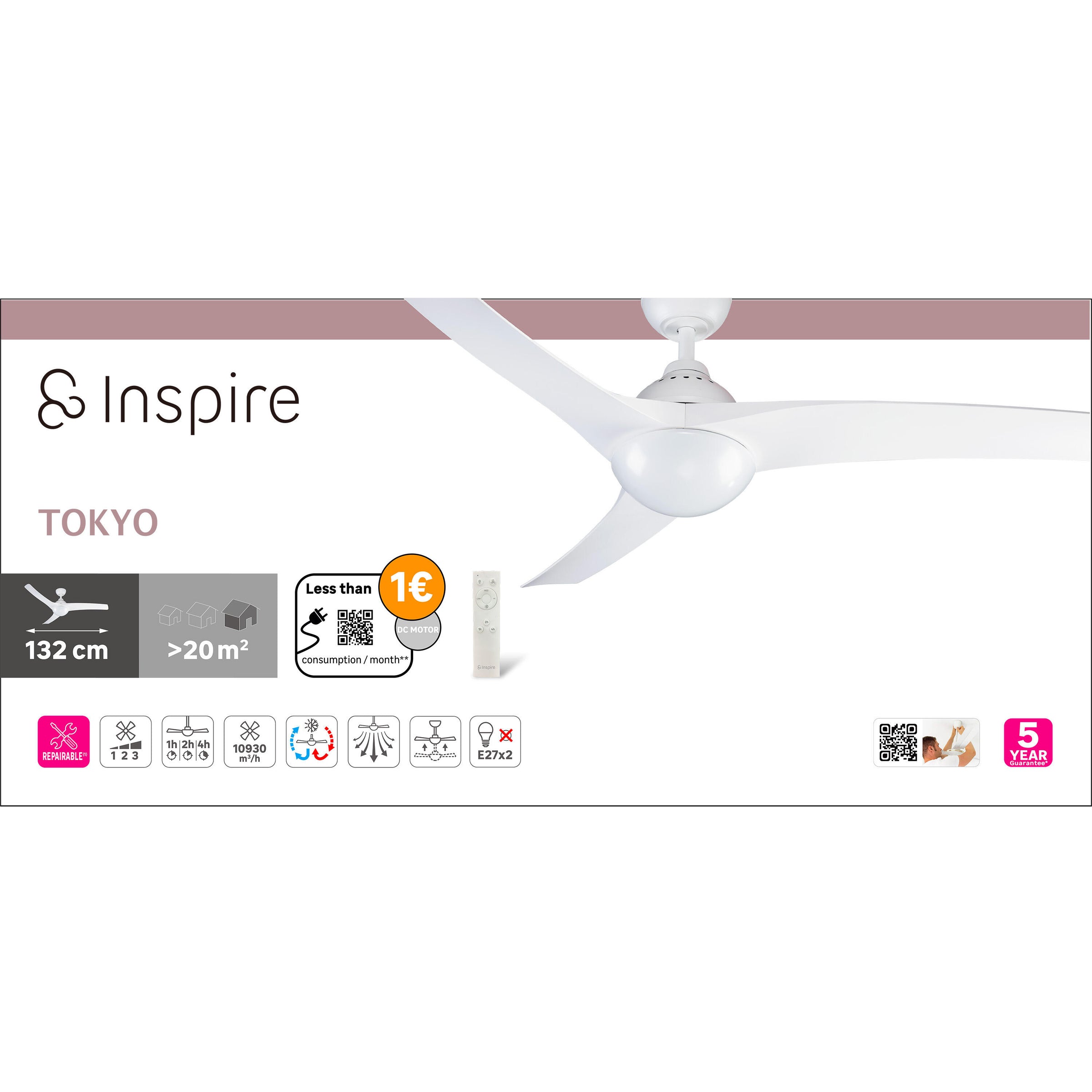 Ventilatore da soffito tokyo plastica bianco d132 2xe27=46w 3 pale