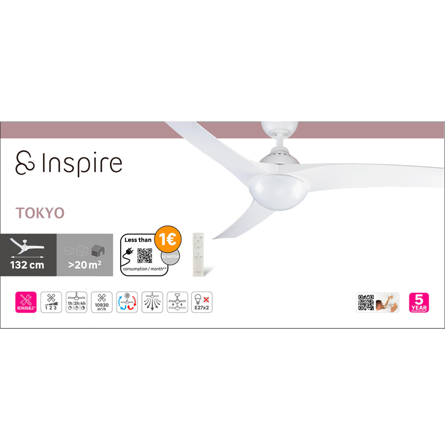 Ventilatore da soffito tokyo plastica bianco d132 2xe27=46w 3 pale