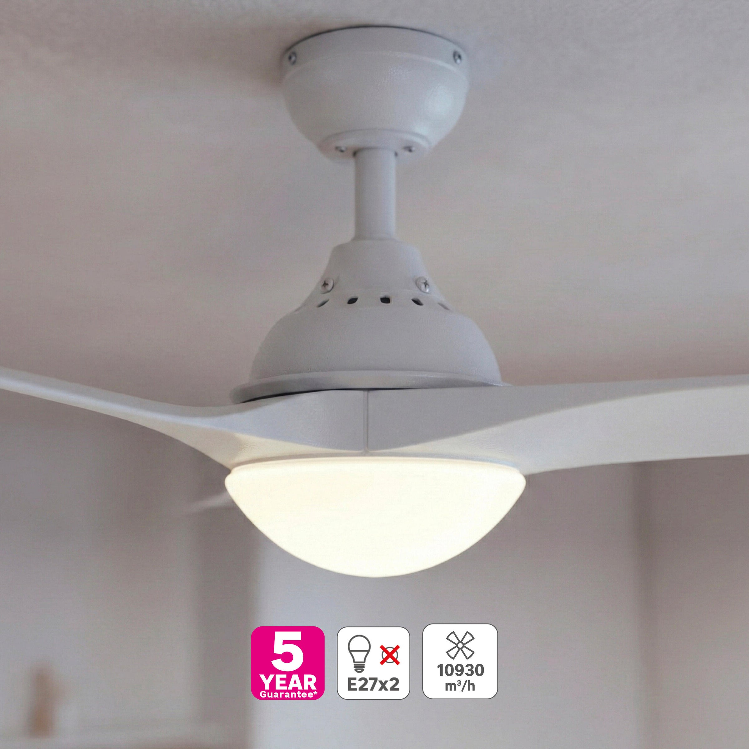 Ventilatore da soffito tokyo plastica bianco d132 2xe27=46w 3 pale