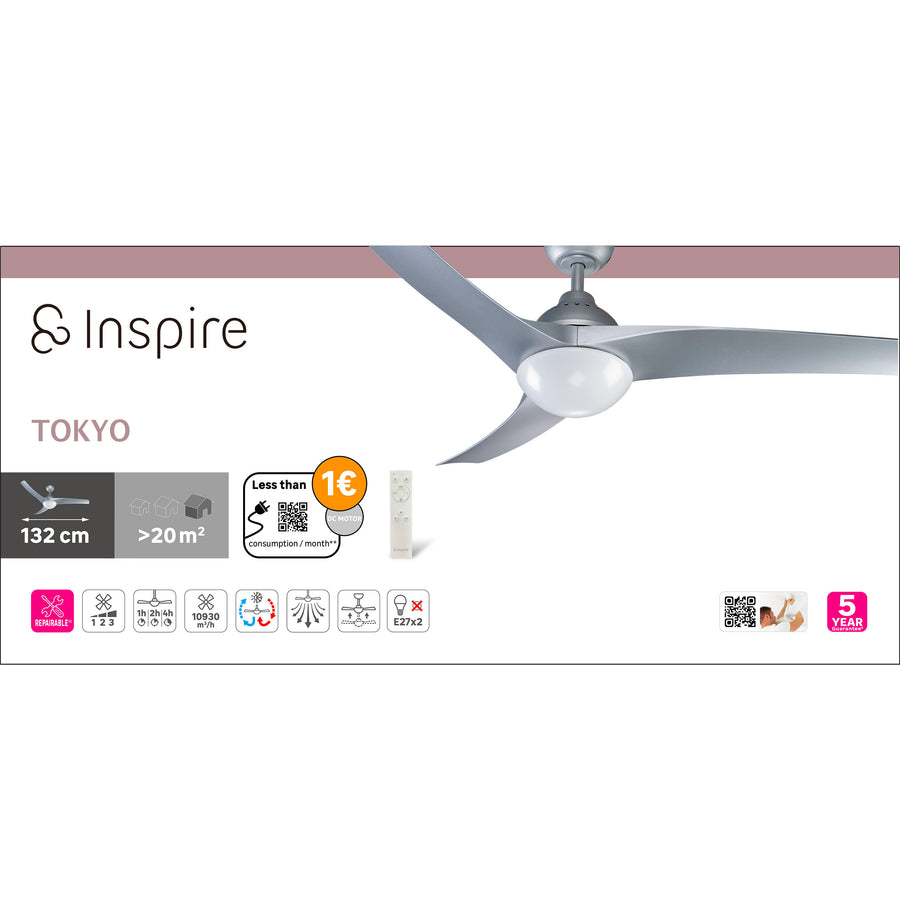 Ventilatore da soffito tokyo plastica silver d132 2xe27=46w 3 pale