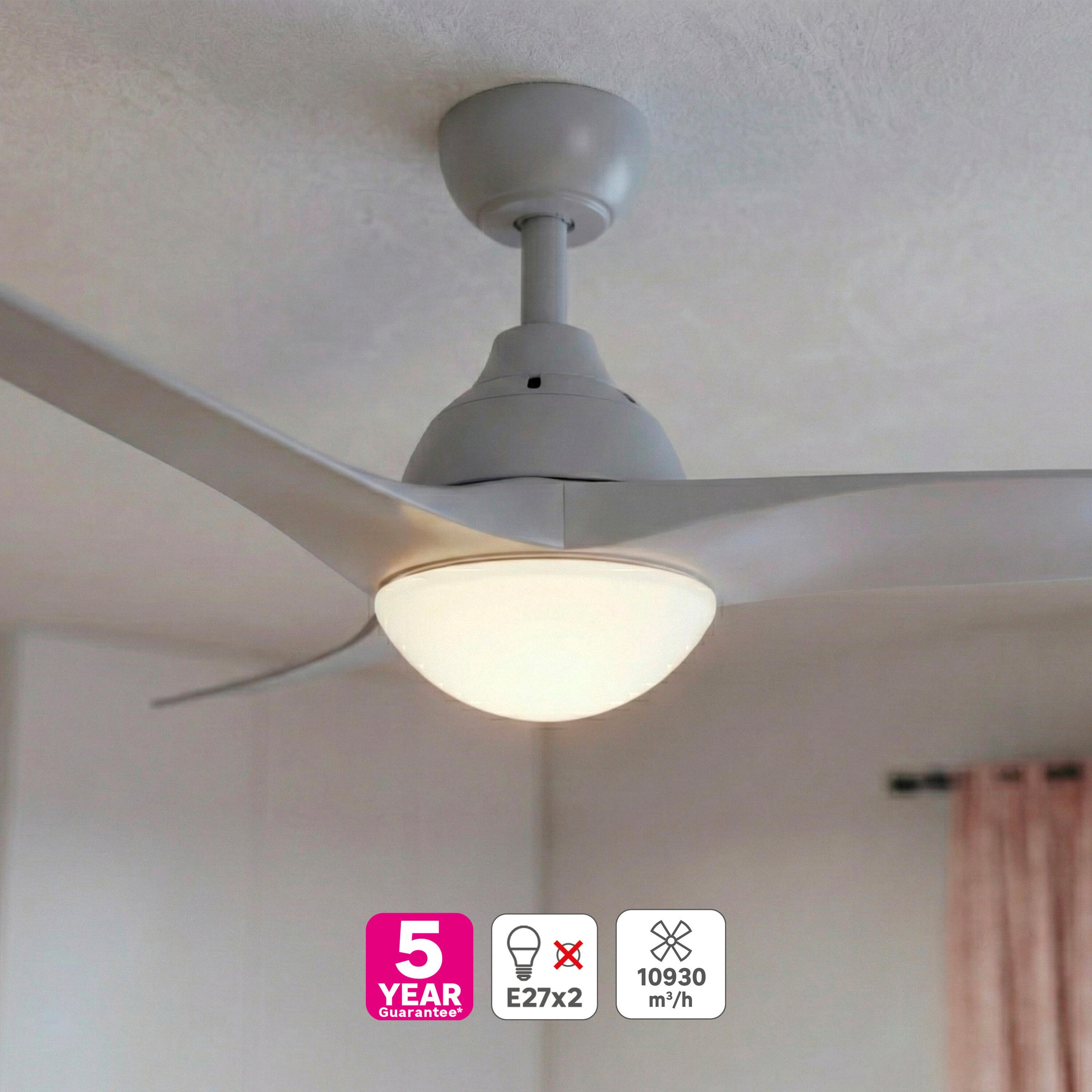Ventilatore da soffito tokyo plastica silver d132 2xe27=46w 3 pale