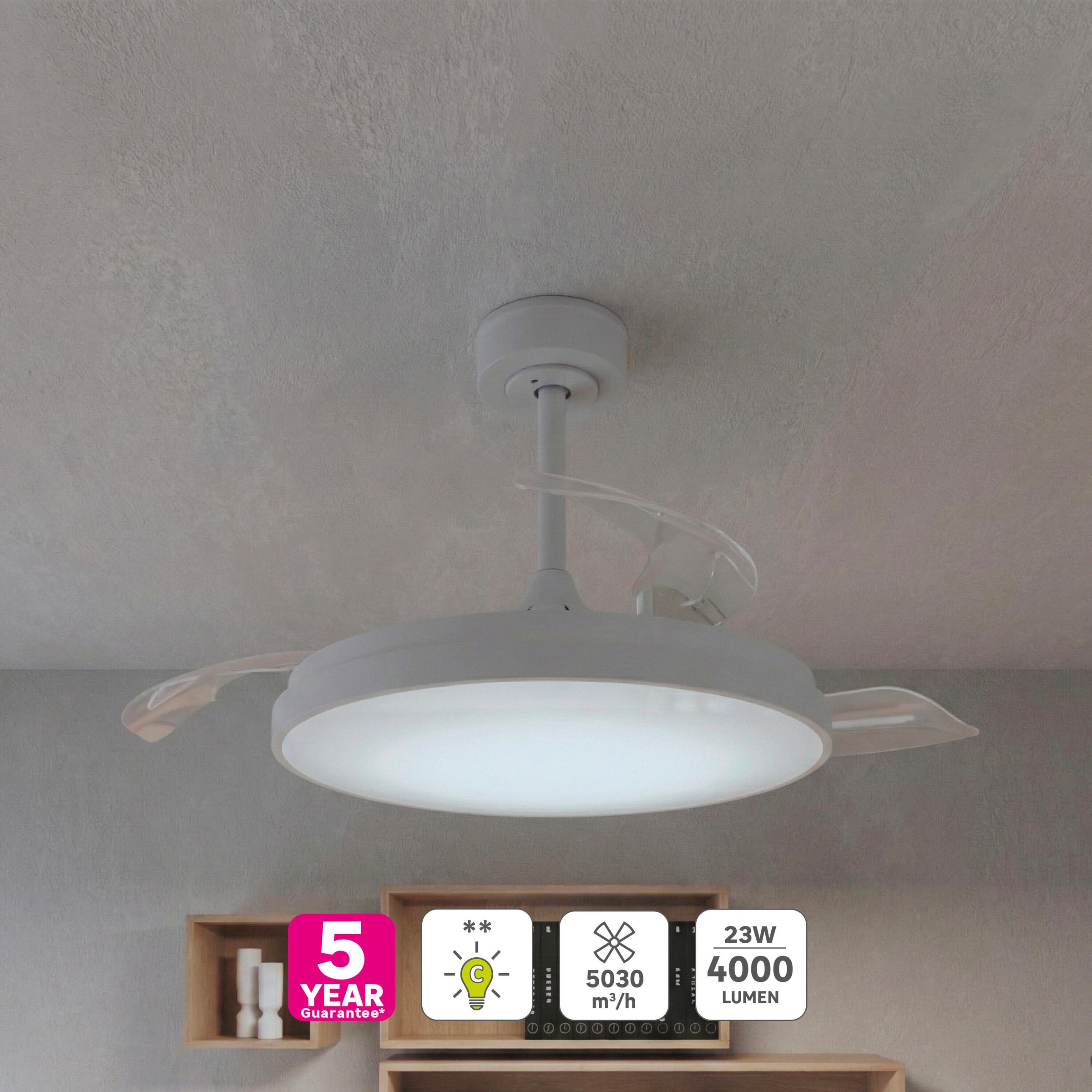Plafoniera con ventilatore torrent acrilico bianco d 51cm led 4000lm cctdim con pale retr