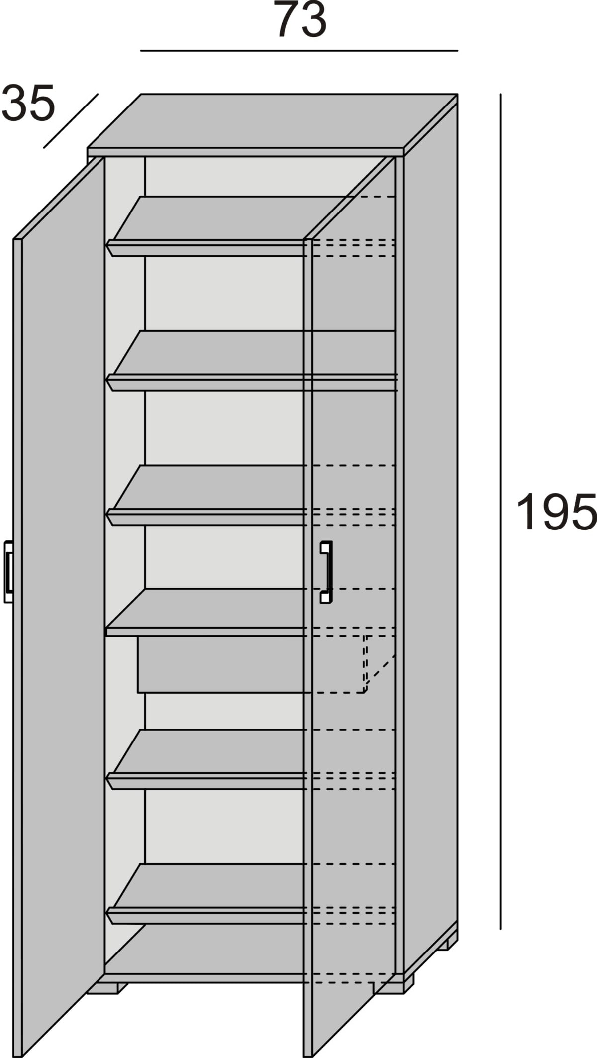 multi-purpose cupboard with 2 doors, 1 drawer, 6 interior shelves 72x37X195H