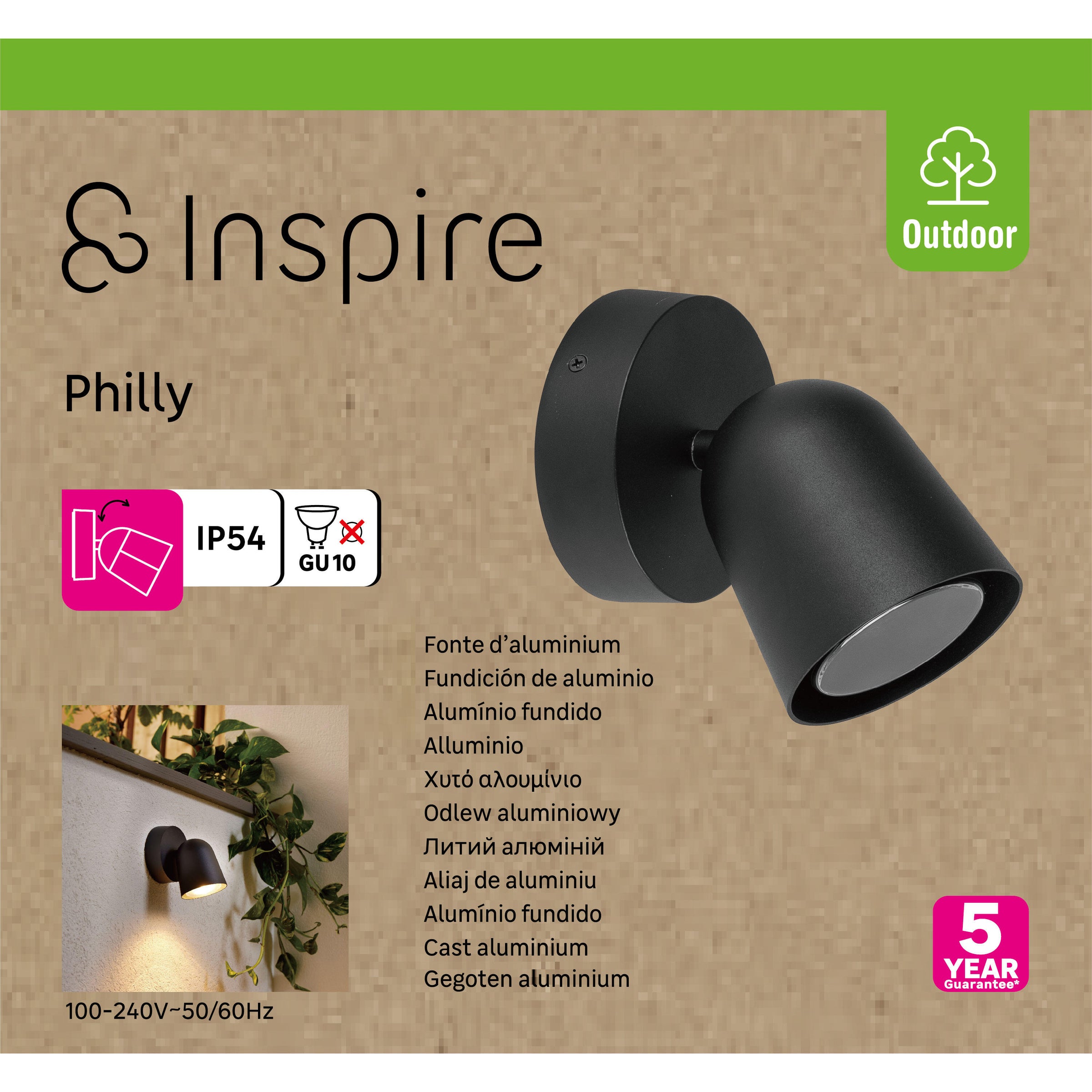 Philly wall light, black aluminium, 12x14.6xH17 cm, GU10=25W, IP44