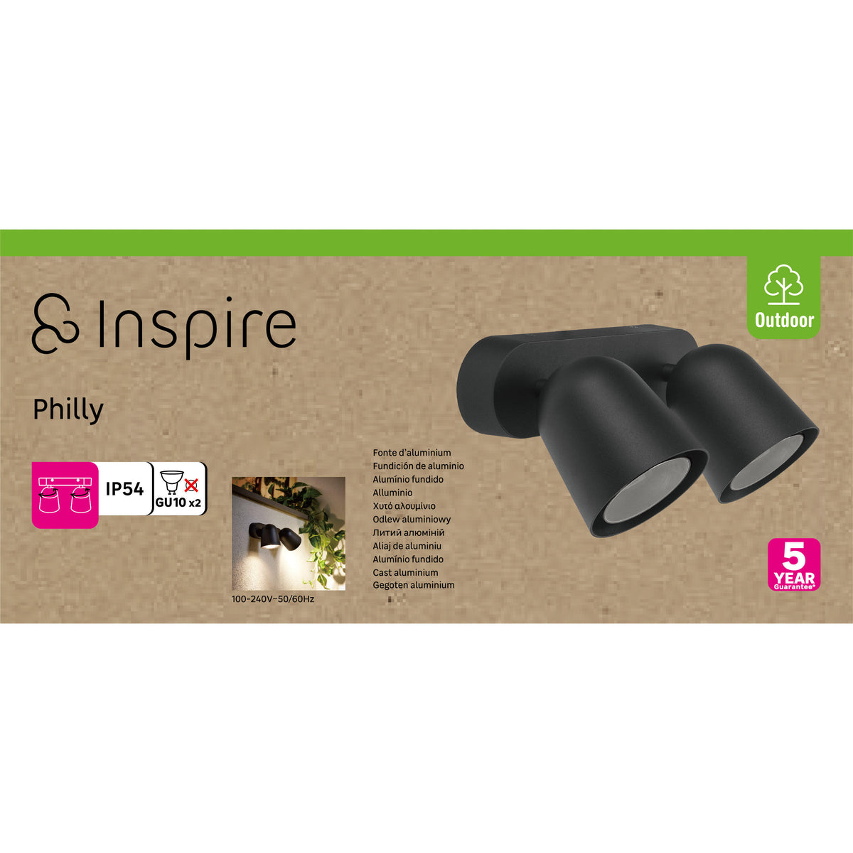 Philly wall light, black aluminium, 26 x 12.8 x h17 cm, 2 x GU10 = 25 W, IP44