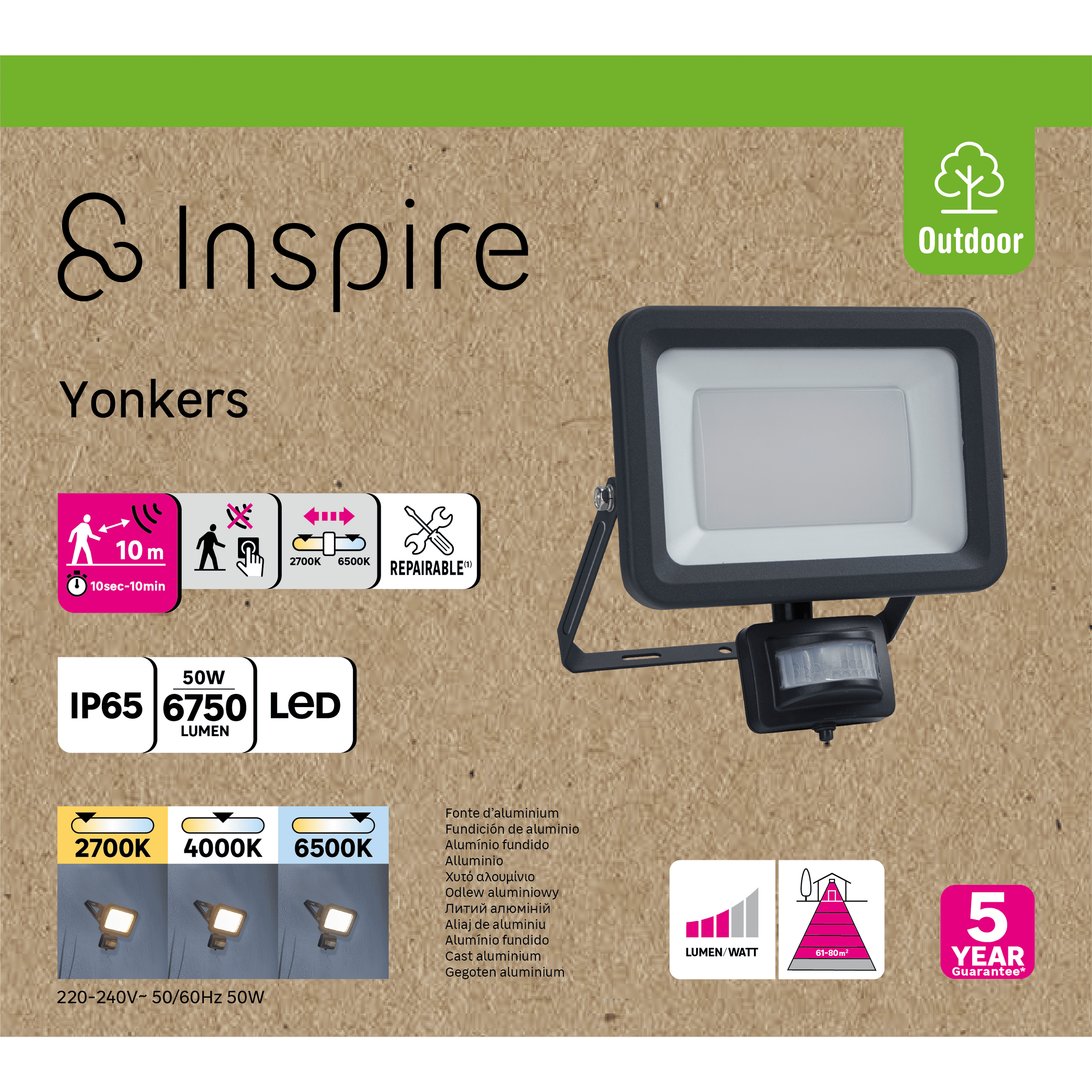 Yonkers spotlight, grey aluminium, 21.2 x 7 cm, 50W LED, natural light, with motion sensor