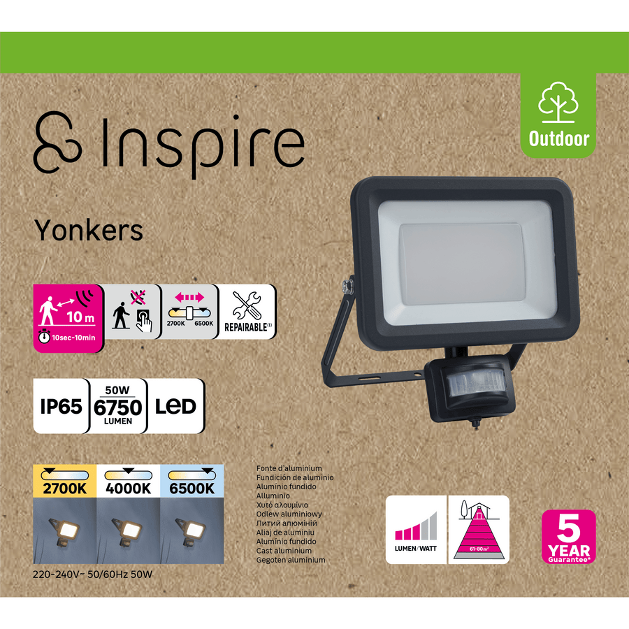 Proiettore yonkers  alluminio grigio 21.2x7 cm led 50w luce naturale con sensore di movime