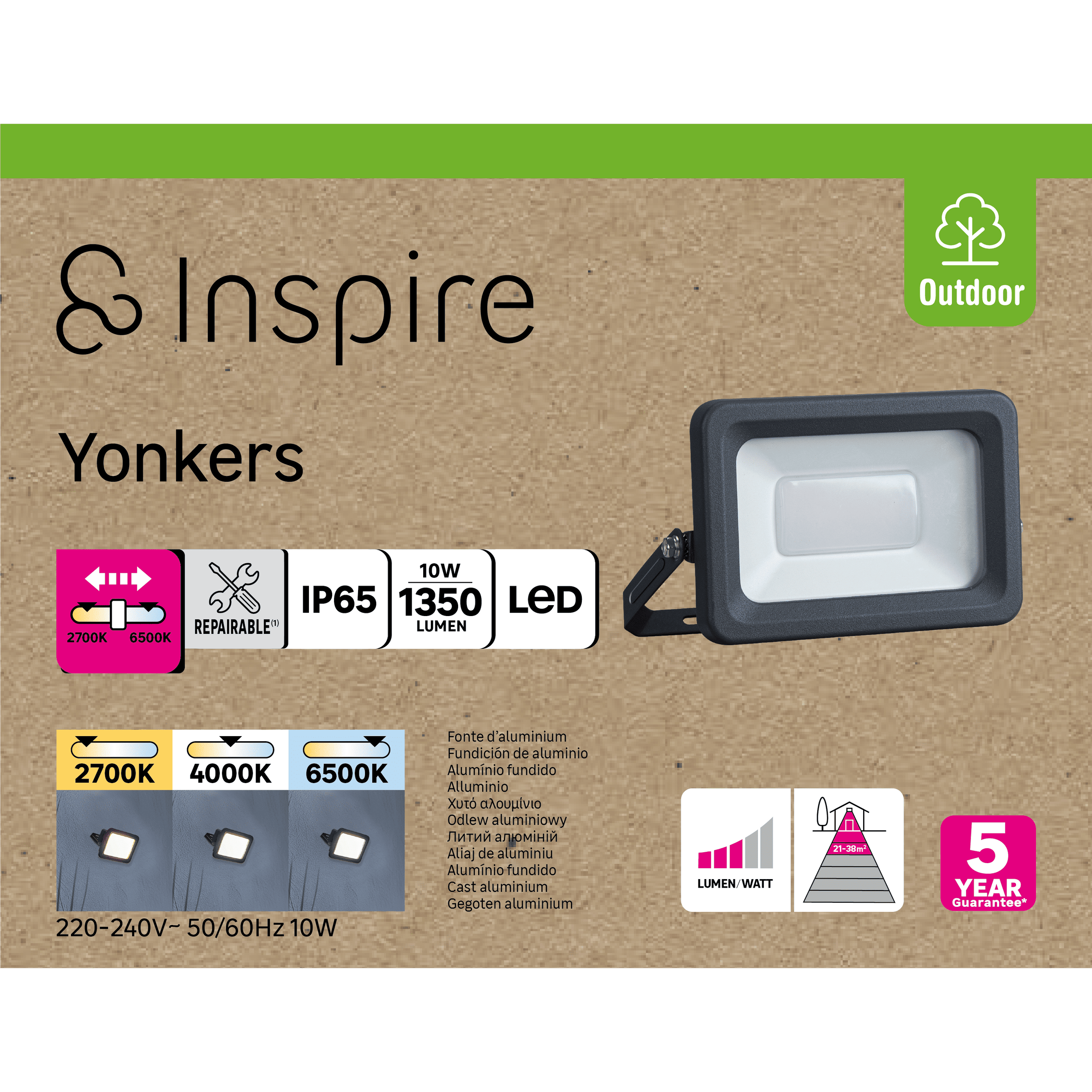 Yonkers grey aluminium spotlight, 11.5 x 6.5 cm, 10W LED, CCT, IP65