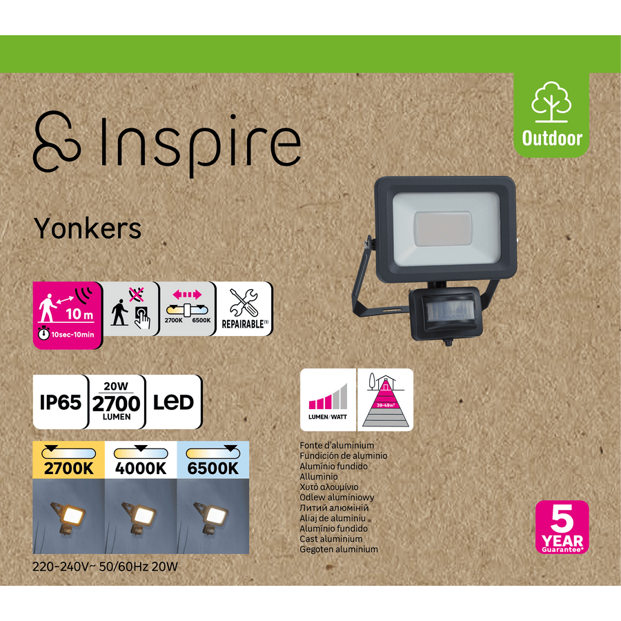 Yonkers aluminium floodlight grey 17.2x6.9 cm led 20w natural light with motion sensor