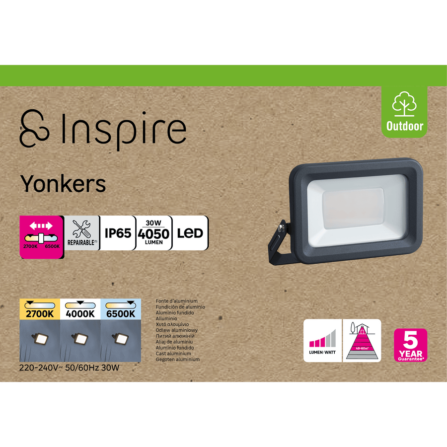 Yonkers aluminium grey 15x6.5 cm 30W LED spotlight, CCT, IP65