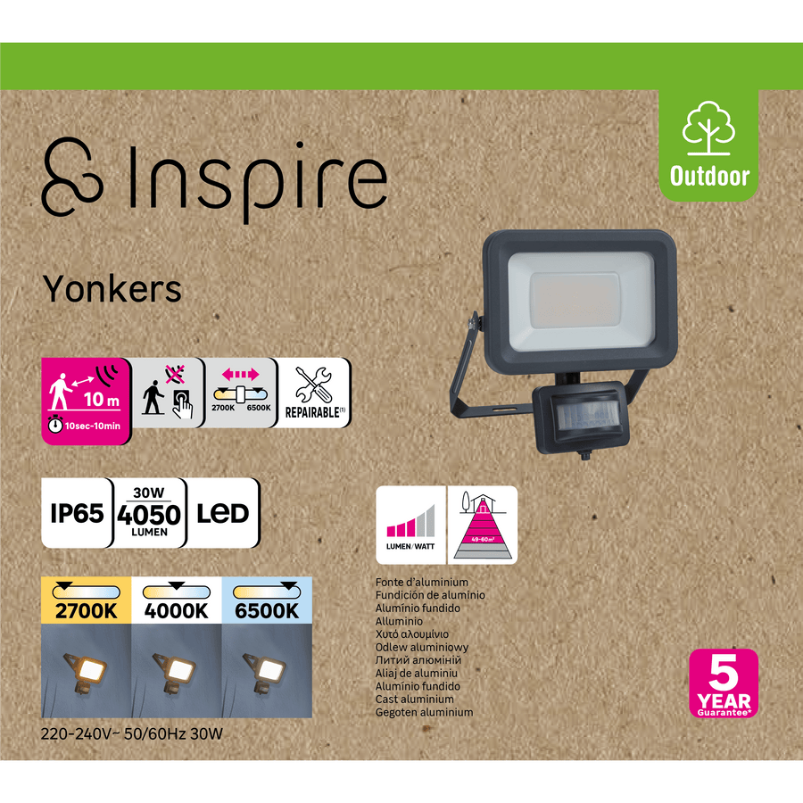 yonkers aluminium floodlight grey 18.9x7 cm led 30w cct light motion sensor