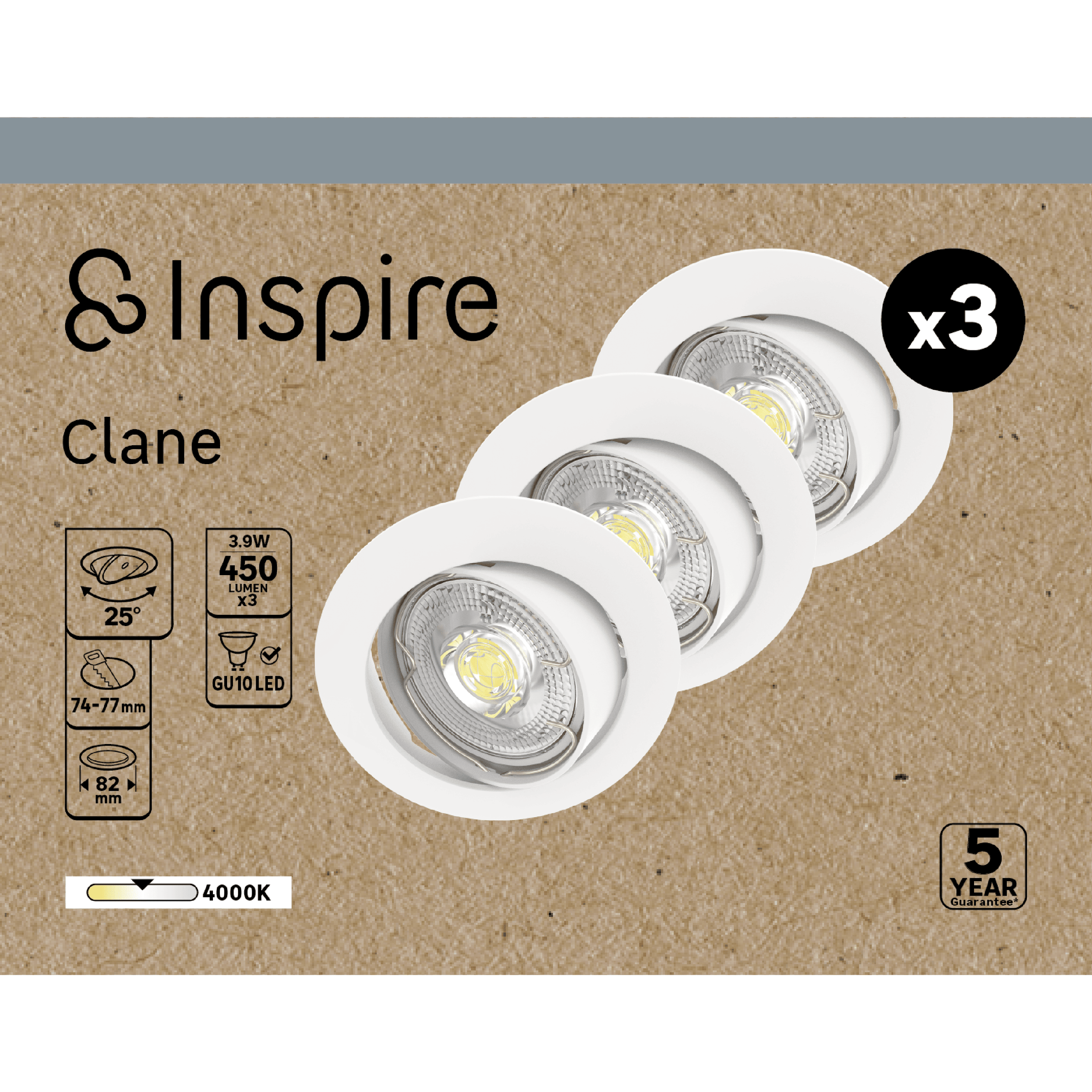 Set of 3 Clane recessed spotlights, white aluminium, D8.2 cm, LED GU10=6W, natural light, adjustable